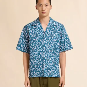 Camicia bowling in popeline blu con stampa rosa a pois