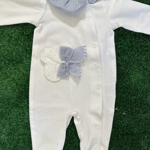 Tutina lunga con pedino, bianca con fiocco a righe Myrumi