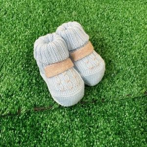 Babbucce in filo di cotone color celeste baby e fascia color tortora