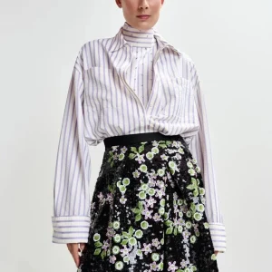 Twinset camicia oversize e top Janna a righe lilla con strass