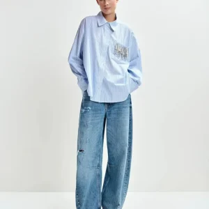 Camicia Jommeke a righe blu con taschino e applicazioni