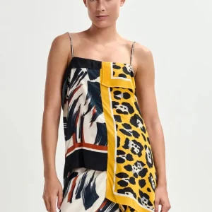 Top a foulard Josette giallo doppia fantasia asimmetrico con spalline strass