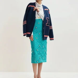 Gonna Jourget a tubino in pizzo corallo con applicazioni