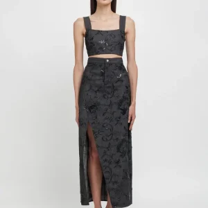 Gonna longuette in denim nero ricamata