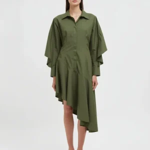 Abito midi a camicia asimmetrico verde