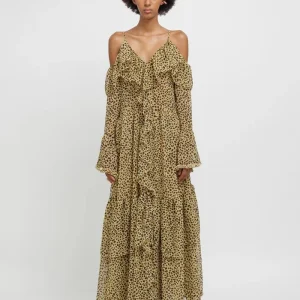 Abito giallo lungo in chiffon con balze