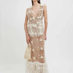 Abito in tulle panna ricamato con fiori