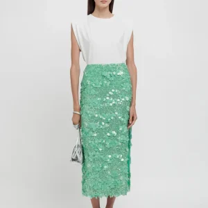 Gonna longuette verde acqua in paillettes con spacco laterale