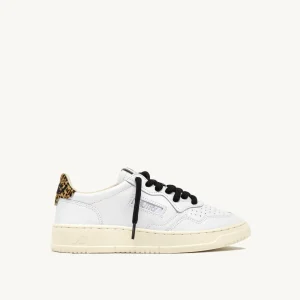 Sneakers medalist in pelle bianco e talloncino leopard