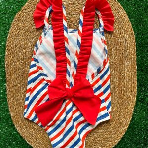 Costume intero bimba a righe blu e rosse con fiocco sulla schiena Sardon
