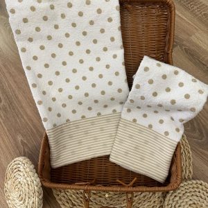 Coppia di asciugamani a pois con fascia rigata beige