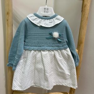Vestito verde acqua e bianco con pom pom