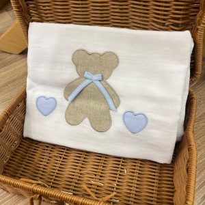 Mussola orso tortora con cuori celeste