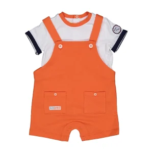 Salopette arancio con t-shirt in cotone bianca Birba